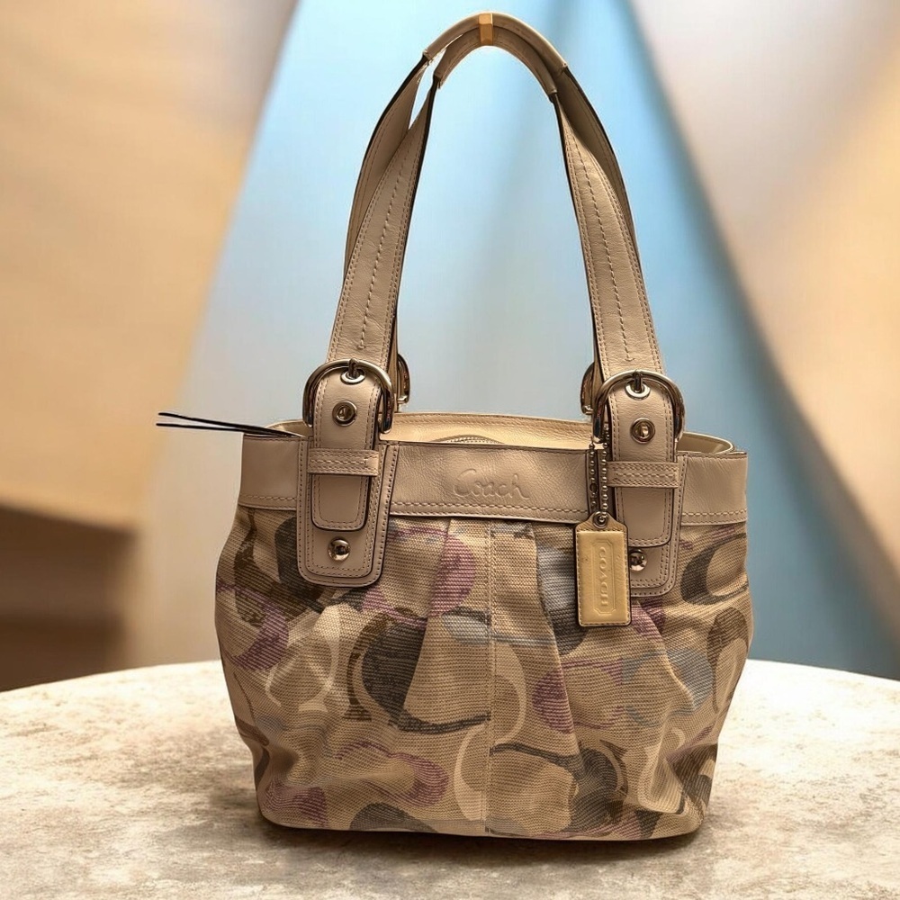 Coach Signature Canvas Shoulder Bag in Beige with Purple Accents F16591